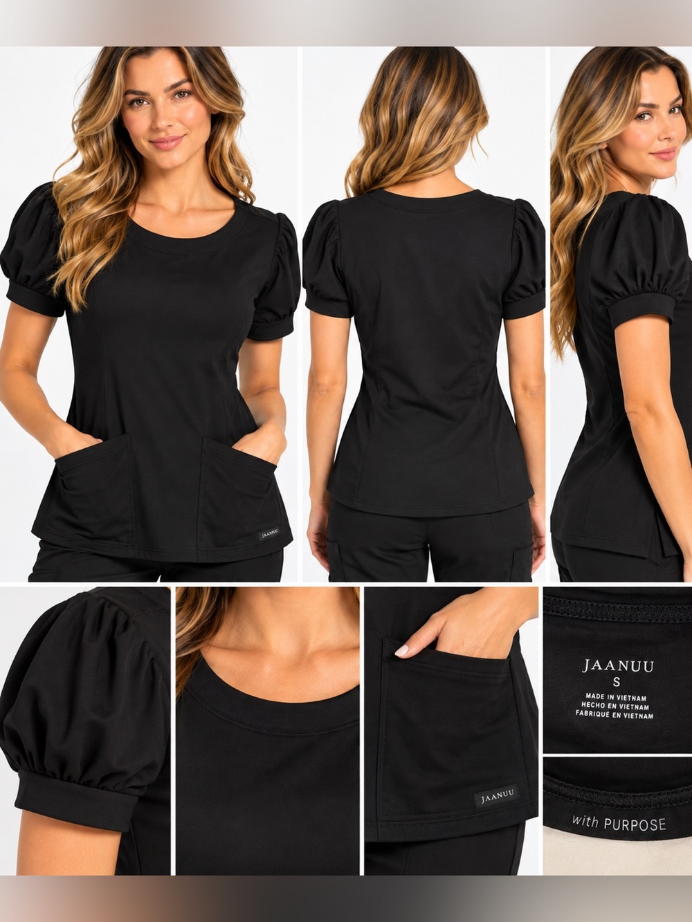 JAANUU Black Scrub Top Women’s Small S 2 Pocket Short Sleeve Medical Nurse RN